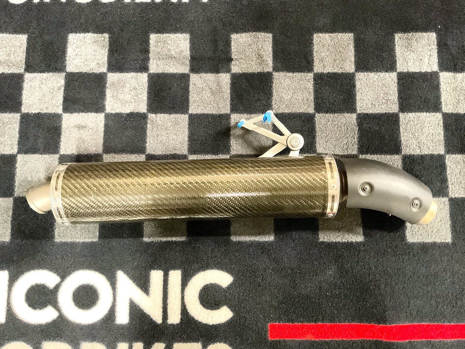 Ducati 1199 Panigale (2013) CF Exhaust Muffler, w/ Heat Shield & Hanger. (OEM) #57313392A