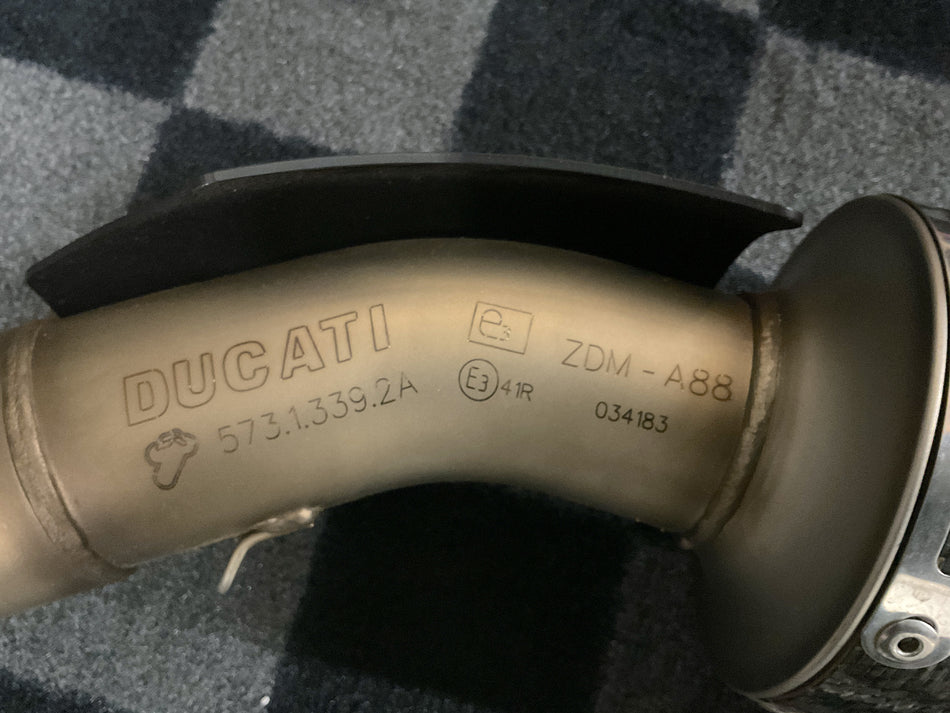 Ducati 1199 Panigale (2013) CF Exhaust Muffler, w/ Heat Shield & Hanger. (OEM) #57313392A