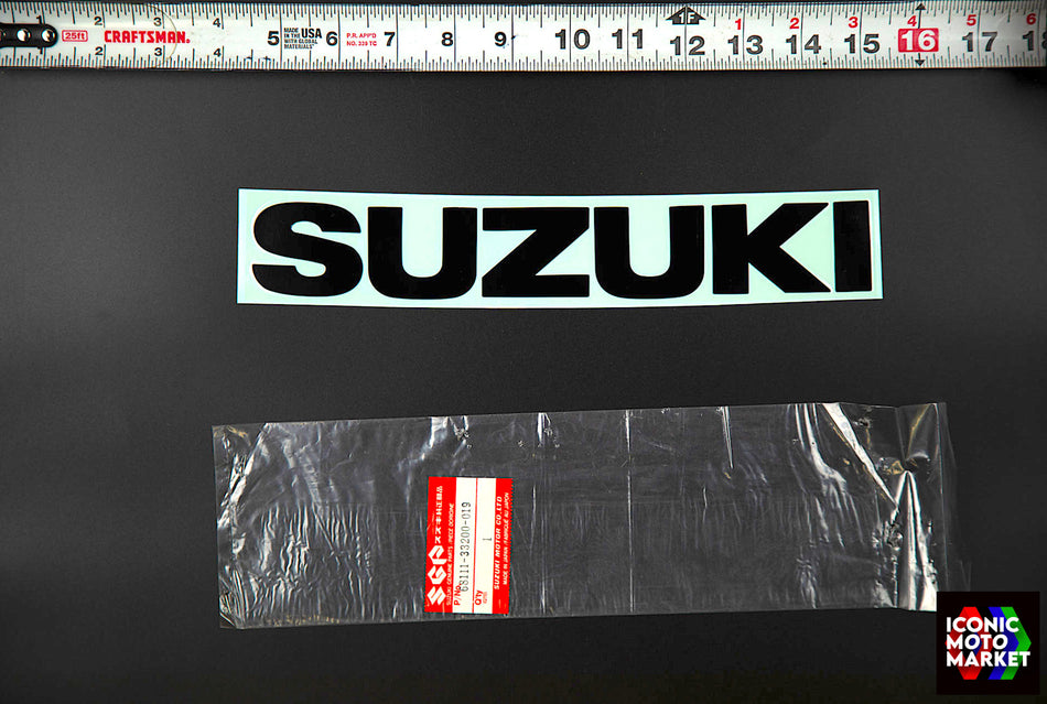 Suzuki RG500, GSX-R750, GS500E - 'Suzuki' Emblem Black, Fairing Decal. NOS (OEM) #68111-33200-019